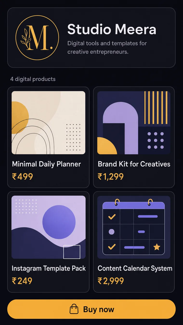 Sutron creator storefront showing four digital products priced in rupees.